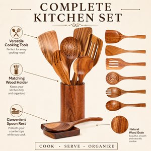Ensemble d'ustensiles de cuisine en bois d'acacia avec support, repose-cuillère, spatules en bois, cuillères, outils de cuisine |   Articles de cuisine artisanaux en gros - Product Image 5