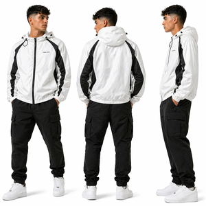 เสื้อแจ็คเก็ตวินด์เบรกเกอร์แบบมีฮู้ดสำหรับผู้ชาย น้ำหนักเบา ซิปหน้า แต่งผ้าตัดต่อ สไตล์สตรีทแวร์ รับผลิตตามแบบ (OEM) ขายส่ง B2B เสื้อแจ็คเก็ตผู้ชาย สหรัฐอเมริกา - Product Image 4