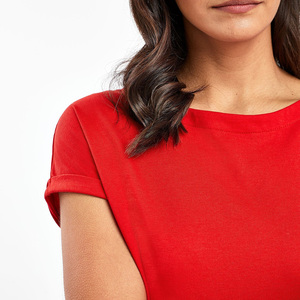 Camiseta Casual de Algodón Orgánico para Mujer, Cuello Redondo, Manga Corta, Color Rojo Sólido, Logotipo, Corte Regular, Tejido Jersey Transpirable, Ropa de Verano - Product Image 6