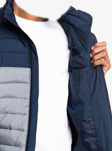 Men's <b>Navy</b> <b>Blue</b> Gray Color Blocking Puffer <b>Jacket</b> Stand Collar Zipper Closure Casual Windproof Autumn Outerwear Regular Fit - Product Image 5