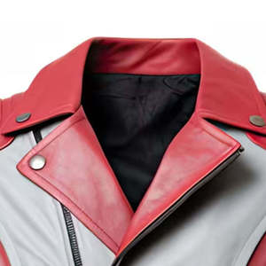 Blouson de moto en cuir PU rouge et gris pour homme, col rabattable, fermeture éclair, coupe-vent, style motard, pour l'automne - Product Image 3