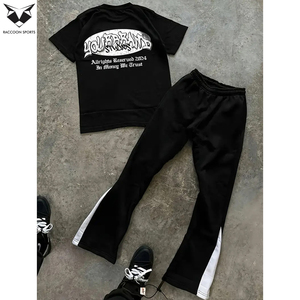 Conjuntos de dos piezas de ropa informal a la moda para hombre, camiseta de manga corta con cuello redondo y estampado de patrones y pantalones acampanados con cordón - Product Image 2