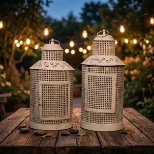 Ensemble de lanternes vintage en métal blanc, porte-bougies perforés faits à la main, décoration rustique pour l'extérieur, le jardin, la terrasse, la maison, à suspendre - Product Image 3