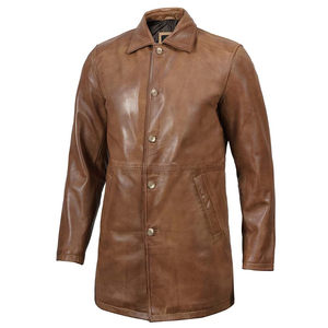 Abrigo de Cuero Genuino Marrón para Hombre, Cuello Camisero, Cierre de un Solo Botón, Largo hasta la Rodilla, Manga Regular - Product Image 1