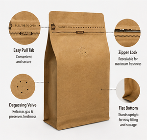 <b>Brown</b> Paper Food Storage <b>Bag</b> With Zipper And One-Way Valve For Coffee <b>Beans</b> Or Snacks - Product Image 4