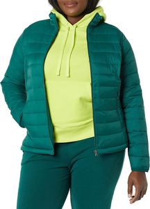 Women's Emerald Green Quilted Jacket <b>Stand</b> Collar Full Sleeve Zipper Closure Solid Color Winter Puffer <b>Coat</b> - Product Image 3