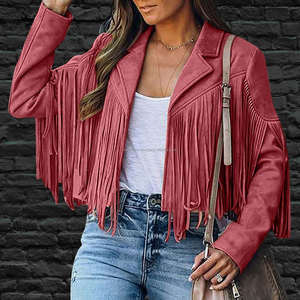 Chaquetas Rojas Vintage de cuero de gamuza con flecos y borlas para mujer, abrigo delantero abierto con solapa de manga larga estilo vaquero occidental bohemio - Product Image 4