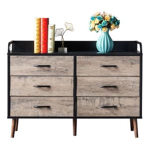 Commode contemporaine à 6 tiroirs en chêne avec tiroirs pliables en tissu gris et noir pour le rangement en appartement - Product Image 6
