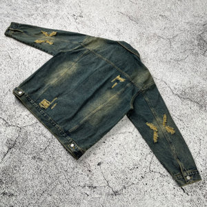 OEM Custom Men's Street Style Denim <b>Jacket</b> Vintage Distressed Shredded Acid Wash Jean Coat with Button Stone Washed for Men - Product Image 2