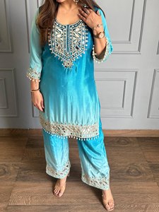 Ensemble Kurta Palazzo pakistanais brodé bleu pour femme, tenue ethnique avec dupatta, séchage rapide, idéal pour mariage et fêtes - Product Image 4