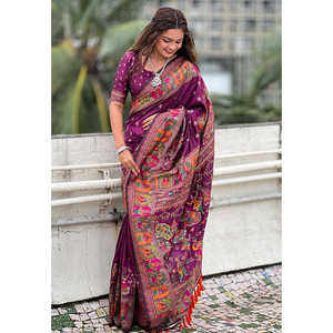 Evening Dresses Wine <b>Pashmina</b> Kashmiri Silk Zari Woven Saree - Product Image 2