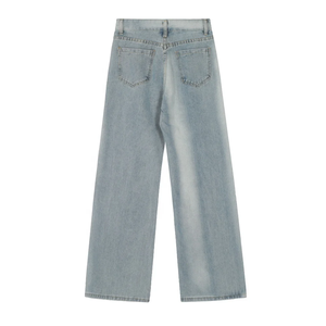 Vaqueros anchos de pierna recta con estampado abstracto blanco, lavado a la piedra, corte ajustado, estilo streetwear, de algodón con estampado por descarga. - Product Image 2