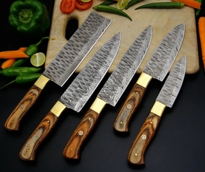 Handmade Damascus Steel 5-Piece Kitchen Set Carbon Steel Pure Leather Sheath Includes Chef Cleaver Bread Fruit <b>Sharpening</b> Tool - Product Image 4