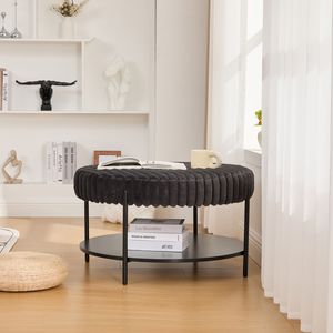 Tavolino da Caffè Rotondo Imbottito da 78,5 cm con Gambe in Metallo Nero, Ripiano Aperto Effetto Legno e Poggiapiedi - Product Image 3