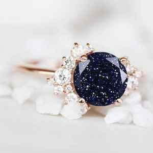 Bague en pierre de grès bleue naturelle de forme ronde, en argent sterling 925 plaqué or 14 carats, bague empilable délicate - Product Image 6