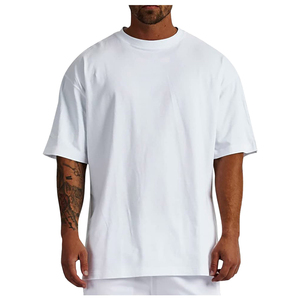 100% Heavyweight Cotton Men's Plus Size Oversized T-<b>Shirt</b> Custom Embroidered Plain Tee with Long Design Knitted Fabric - Product Image 3