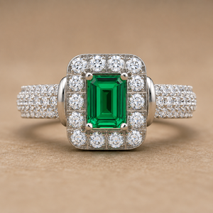 Green Emerald & Lab Grown Diamond <b>Ring</b> | White <b>Gold</b> Emerald Cut Halo <b>Cocktail</b> <b>Ring</b> OEM ODM Fine Jewelry Manufacturer - Product Image 4