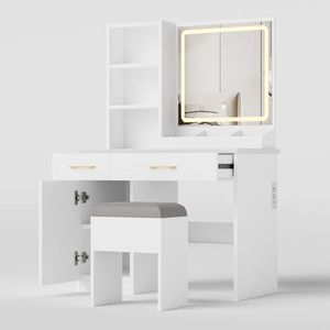 White <b>Makeup</b> Vanity Desk with <b>Mirror</b> Lights Wood Dresser with Power Outlet & 3 Lighting Modes Convenient C-Set Vanity Table - Product Image 1