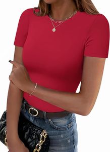 T-shirt court à col rond rouge pour femme, coupe ajustée, couleur unie, décontracté, en jersey, respirant, en coton, pour le printemps et l'été - Product Image 6