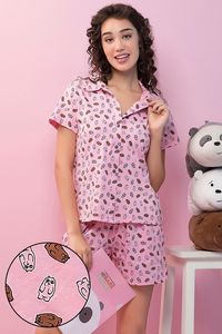 Ensemble pyjama en coton imprimé dessin animé rose pour femme, chemise à manches courtes et short, coupe régulière, respirant, tricoté, décontracté - Product Image 2