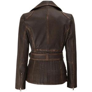 Chaqueta de Motera Asimétrica para Mujer, con Cinturón Ajustable, Estilo Desgastado, en Piel de Cordero Auténtica Hecha a Mano - Product Image 2