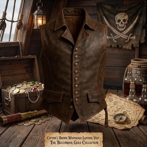 Chaleco Pirata de Cuero Genuino Hecho a Mano para Hombre, Chaleco Steampunk sin Mangas - Product Image 1