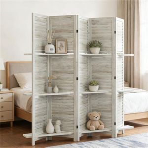 Paravento Bianco a 5 Pannelli con Scaffale Portaoggetti, Elegante Divisorio per Camera da Letto - Product Image 1