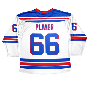 Maillot de hockey sur glace Rochester Wranglers bleu, blanc, rouge, sublimation, polyester respirant, nom de l'équipe, fermeture à nouer - Product Image 4