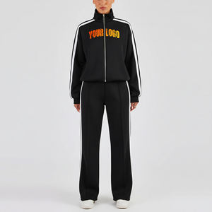 Vêtements décontractés d'hiver, couleur unie, bandes latérales, 100% coton, ensemble de survêtement zippé pour femmes, 2 pièces, dentelle brodée - Product Image 1