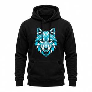 Sweat-shirt à capuche en coton noir à bas prix avec motif loup géométrique bleu, design personnalisé, streetwear pour homme - Product Image 1