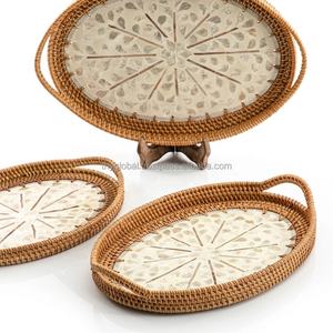 Fabrication de produits de haute qualité, plateau de service rond en nacre et rotin, décoration intérieure du vietnam - Product Image 3