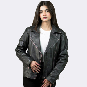 Women's Black Genuine Leather Moto Jacket Full Sleeve Turn-down Collar <b>Zipper</b> Closure Autumn Style - Product Image 5