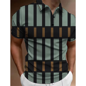 Polo con estampado 3D divertido de geometría para hombre, camiseta con patrón de bloques a rayas, camisa de verano informal con cuello de solapa, de alta calidad premium. - Product Image 1