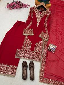 Conjunto de Salwar Kameez Étnico para Mujer, Rojo, Bordado, Manga Larga, Corte Regular, para Bodas y Fiestas - Product Image 3