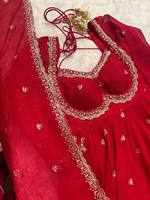 Baju Anarkali Georgette Merah Dengan Bordir Putih Tradisional, Model Longgar, Panjang Lantai, Pakaian Etnik Wanita Untuk Pernikahan
