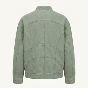 เสื้อแจ็คเก็ตเดนิมสีเขียวเซจสำหรับผู้ชายแบบสั่งทำ ผู้ผลิตขายส่ง OEM ปักลาย คอตั้ง สไตล์วินเทจ ผ้าแคนวาส บอมเบอร์ เสื้อคลุม - Product Image 2