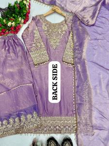 Conjunto de Kurti y Palazzo Bordado en Lavanda con Dupatta de Organza para Mujer, Traje Étnico de Diseñador para Fiestas y Bodas con Trabajo Zari - Product Image 6
