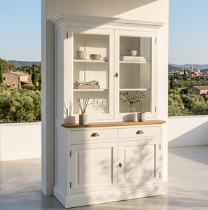 Modern Eco-Friendly Durable Dominic Cabinet Premium Solid Pine Wood 4-Door <b>Sideboard</b> Glass Display Shelves Contemporary Room - Product Image 2