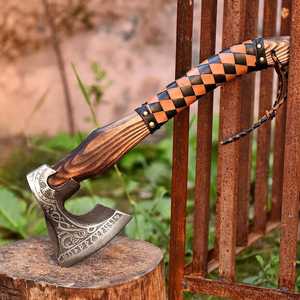 <b>Hand</b> Forged Tomahawk Axe With Wooden Handle And Checkered Leather Grip Outdoor Survival <b>Tool</b> - Product Image 3