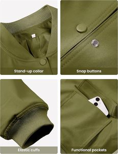Chaqueta Corta Utilitaria Verde Oliva para Mujer, Cuello Alto, Manga Larga, Cierre de Botones, Color Sólido, Tejido de Poliéster, Informal para Otoño - Product Image 4