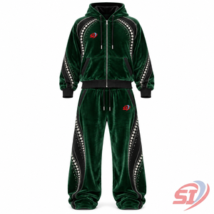 Ensemble de survêtement en velours personnalisé Forest Regal Arc, 280 GSM, avec strass et cristaux, ensemble sweat à capuche et pantalon, ensemble de détente en velours tendance, OEM unisexe - Product Image 1