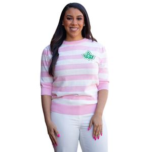 Pull court rayé rose et blanc AKA pour femme, tricoté, avec broderie de blason, haut de gamme, décontracté et élégant - Product Image 1