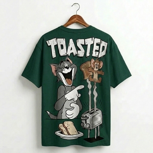 T-shirt noir pour homme à manches courtes et col rond, imprimé dessin animé Tom et Jerry, style streetwear oversize, jersey décontracté éco-responsable - Product Image 5