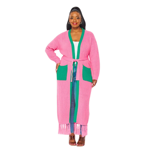 Cárdigan de punto estilo griego rosa y verde con flecos, cárdigan largo abierto con ribete en contraste, ropa exterior para mujer, rosa, verde, C - Product Image 2