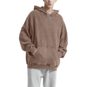 Sweat à capuche marron épais délavé à l'acide, coupe oversize, style streetwear vintage, épaules tombantes, poche kangourou, en molleton de coton lavé - Product Image 3