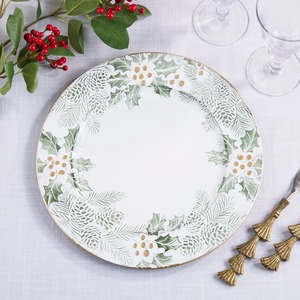 Round <b>Ceramic</b> Charger <b>Plate</b> with Holly and Pinecone Pattern Classic Design for Party Dishes & <b>Plates</b> - Product Image 3