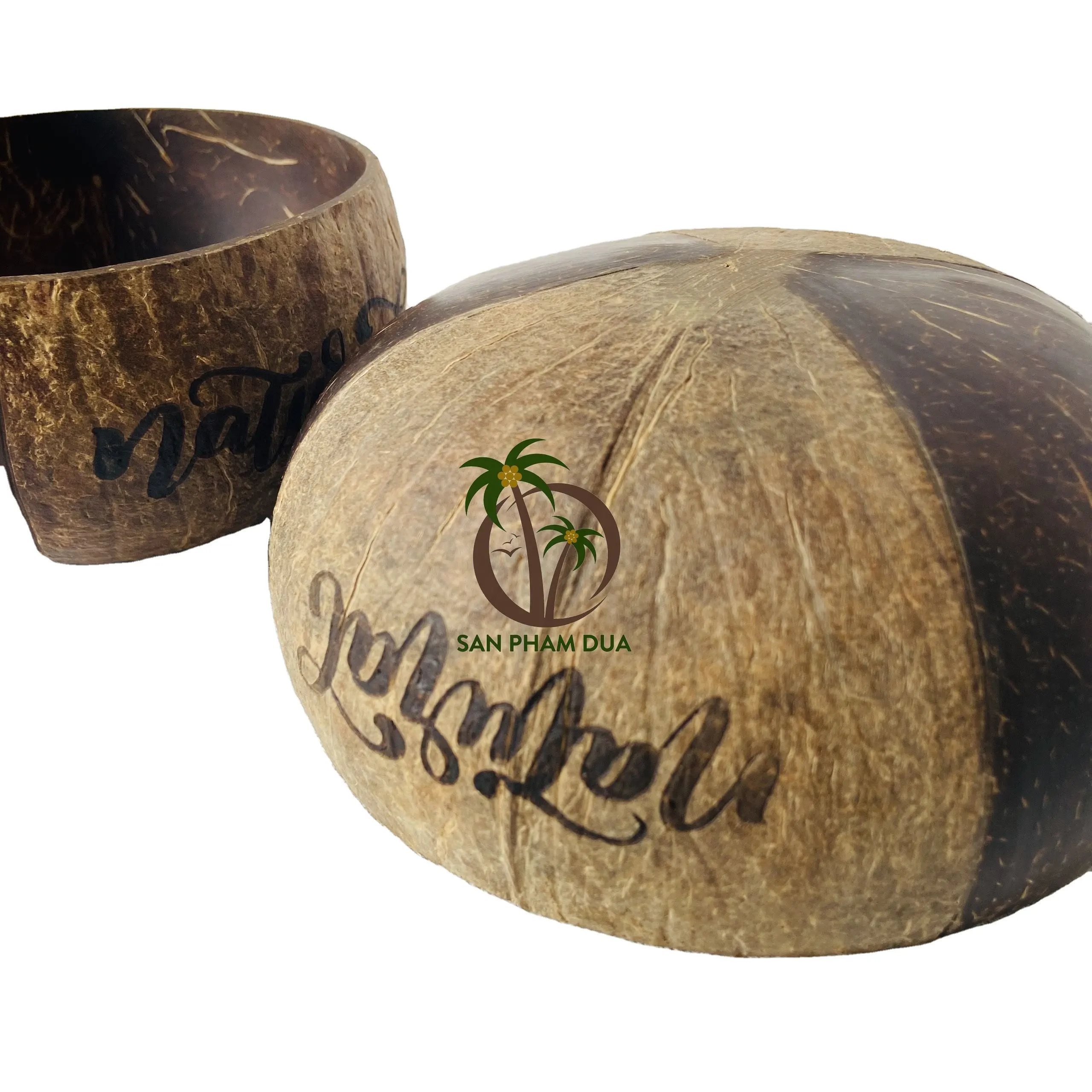 प्राकृतिक नारियल कटोरा सेट/अनुकूलित नारियल डिजाइन के साथ कटोरा चम्मच/सबसे अच्छा बेच नक्काशीदार नारियल कटोरा के साथ मुद्रित बॉक्स ACAIA कटोरा