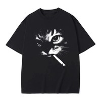 T-shirt Homme Oversize en Coton à Manches Courtes avec Motif Chat Fumeur, Col Rond Décontracté, Impression sur le Devant