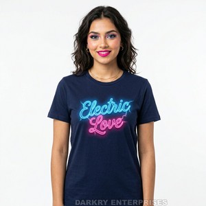 Camiseta Azul Marino Personalizada para Mujer, Venta al por Mayor, Estampado Neon Electric Love, Etiqueta Privada, Tops de Algodón para Verano, Ropa de Fiesta - Product Image 1
