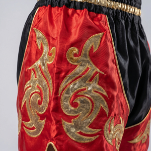 Custom Black Red Men Muay Thai Shorts Metallic Gold <b>Applique</b> Patches Kickboxing Trunks Wholesale Custom Logo MMA Fighting Shorts - Product Image 5
